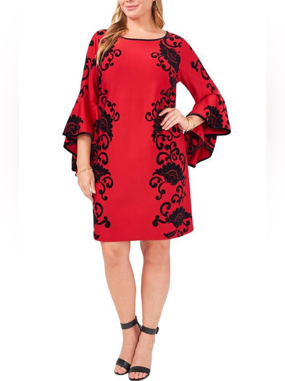 MSK Womens Red Black Soft Velvet Floral Cocktail Dress Bell Sleeve NEW Size 2X